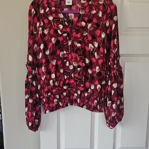 CAbi Burgundy Pink Floral Ruffle Blouse